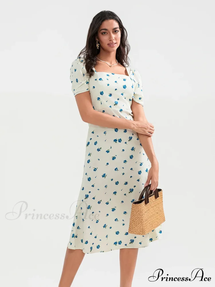 Warm Blossoming Midi Puff Sleeve A-Line Floral Dress - Image 8