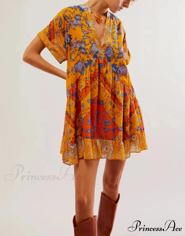 Warm Bohemian Babydoll Flower Pattern V-Neck Dress - Image 10