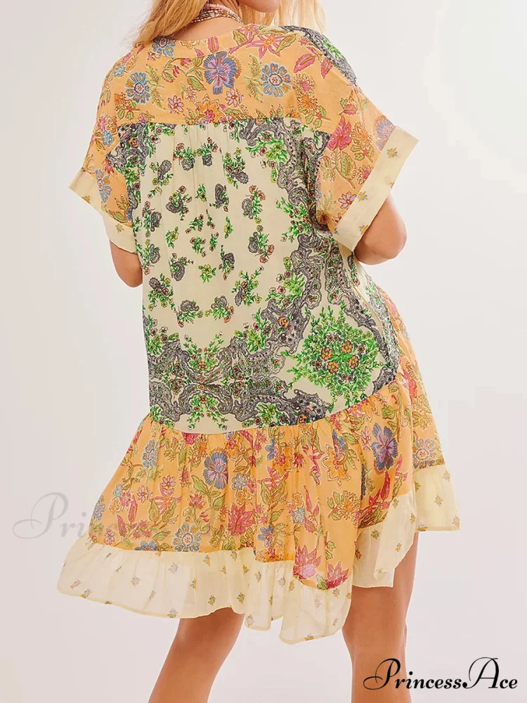 Warm Bohemian Babydoll Flower Pattern V-Neck Dress - Image 2