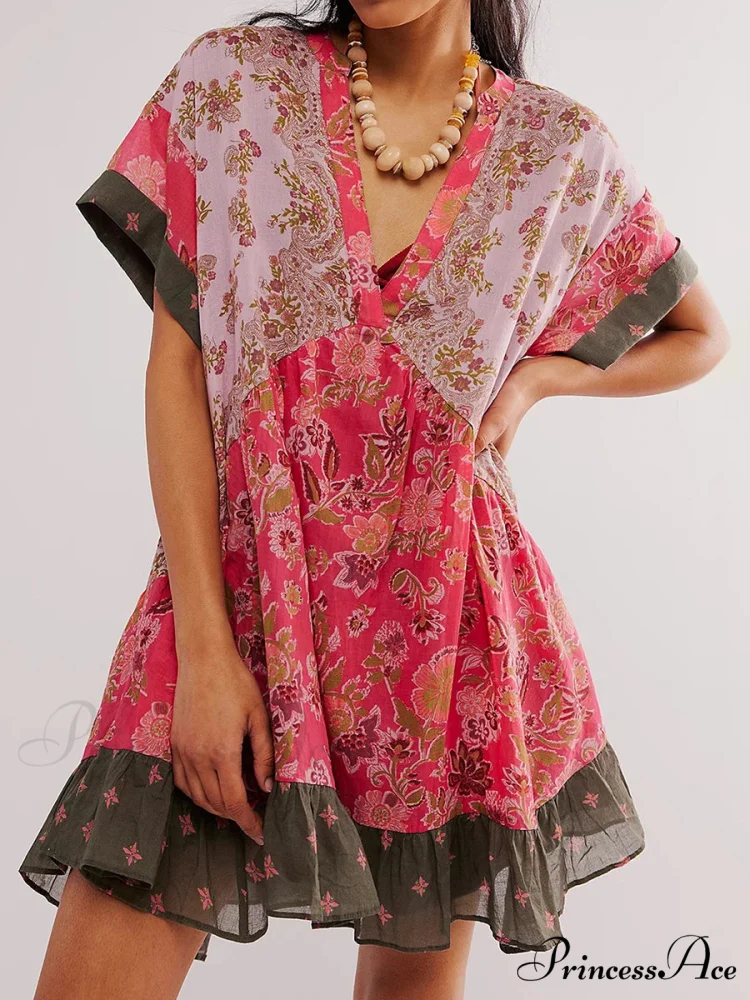 Warm Bohemian Babydoll Flower Pattern V-Neck Dress - Image 3