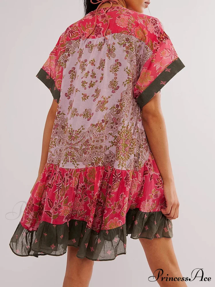 Warm Bohemian Babydoll Flower Pattern V-Neck Dress - Image 4