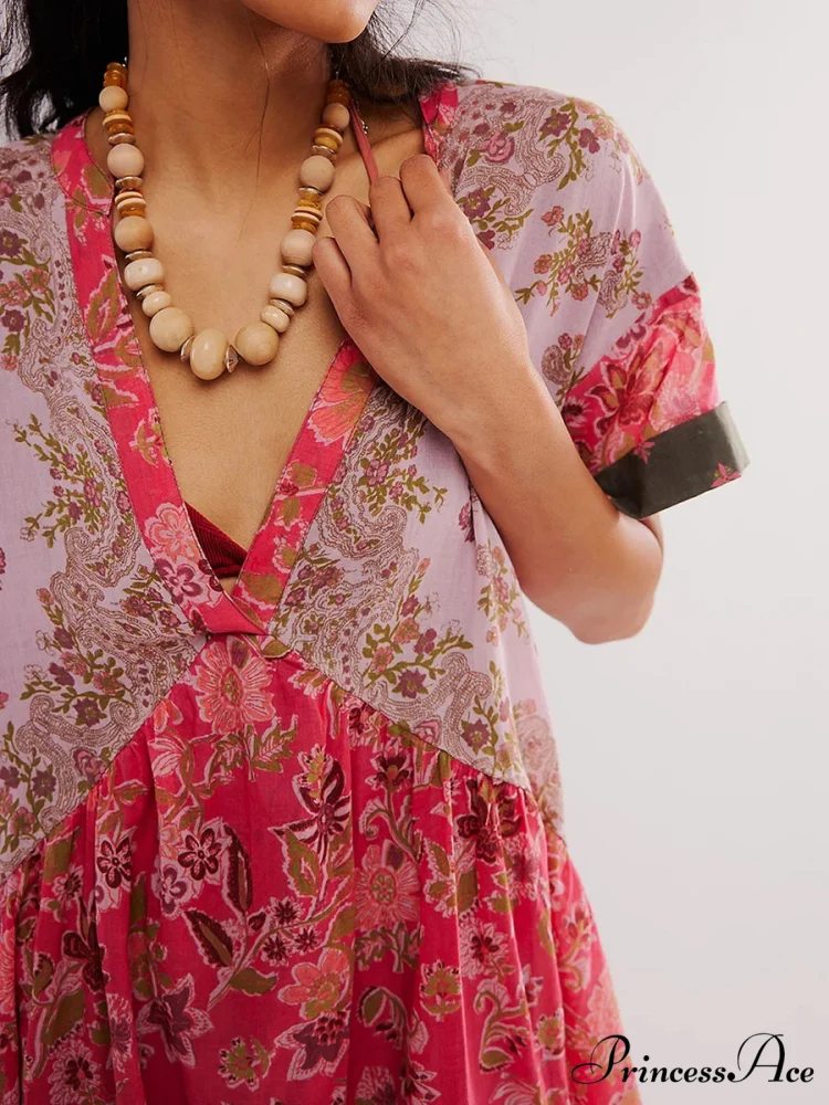 Warm Bohemian Babydoll Flower Pattern V-Neck Dress - Image 6