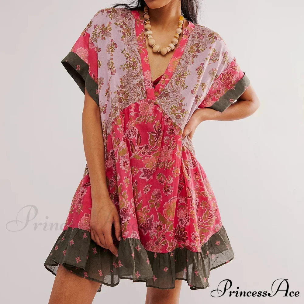 Warm Bohemian Babydoll Flower Pattern V-Neck Dress - Image 8