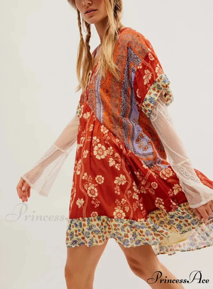Warm Bohemian Babydoll Flower Pattern V-Neck Dress - Image 9