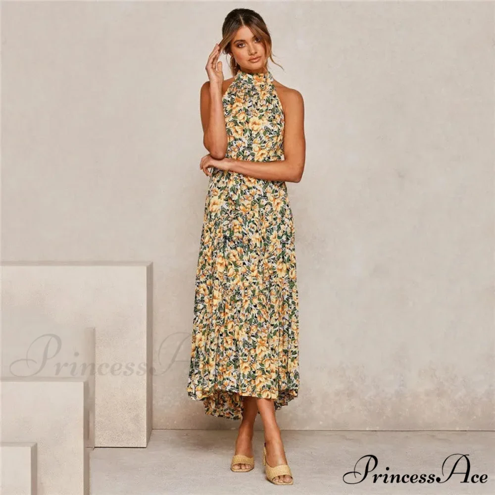 Warm Flower Pattern Halter Neck Seaside Flower Dress - Image 11