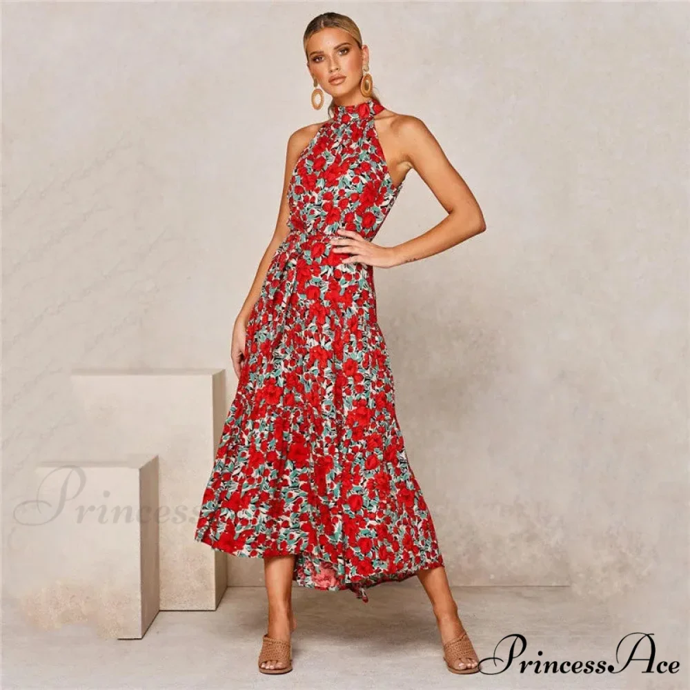 Warm Flower Pattern Halter Neck Seaside Flower Dress - Image 12