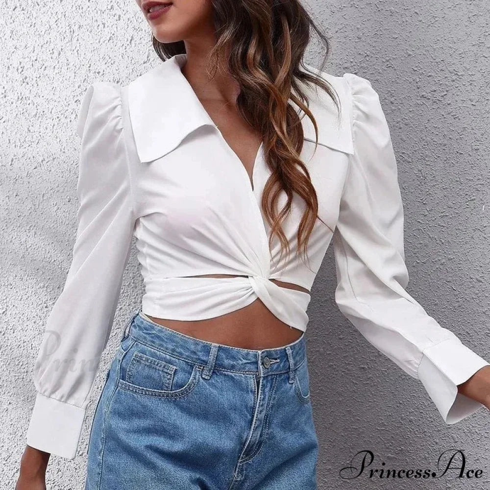 Warm Puff Extended Sleeve Cropped Lace-up Blouse - Image 2