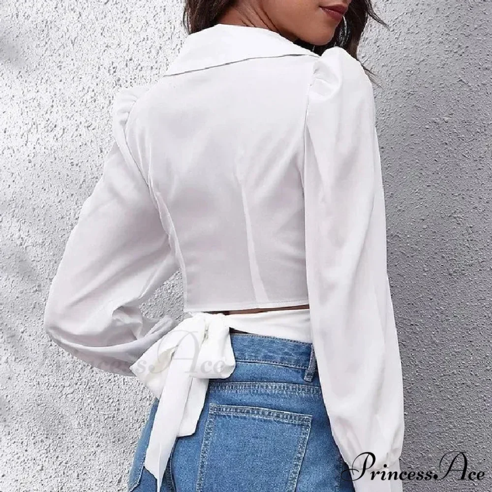 Warm Puff Extended Sleeve Cropped Lace-up Blouse - Image 4