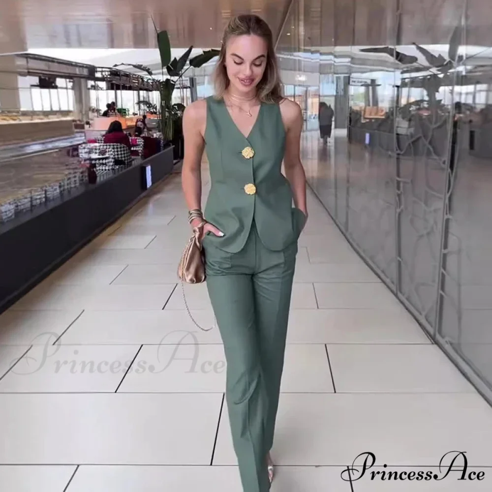 Warm Sleeveless Wide Leg Trousers Workplace Two Piece Set - Image 10