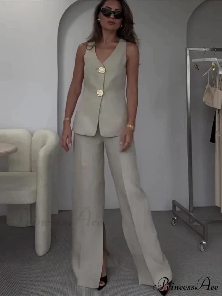 Warm Sleeveless Wide Leg Trousers Workplace Two Piece Set - Image 2