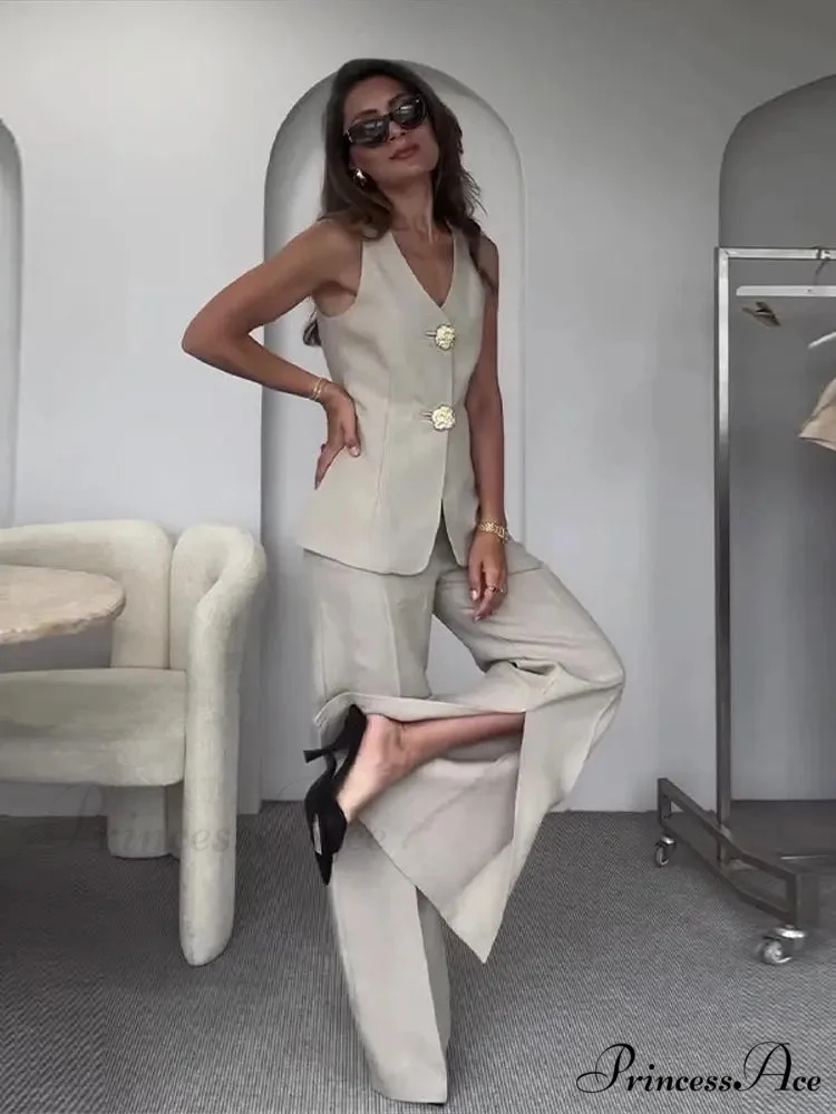 Warm Sleeveless Wide Leg Trousers Workplace Two Piece Set - Image 3