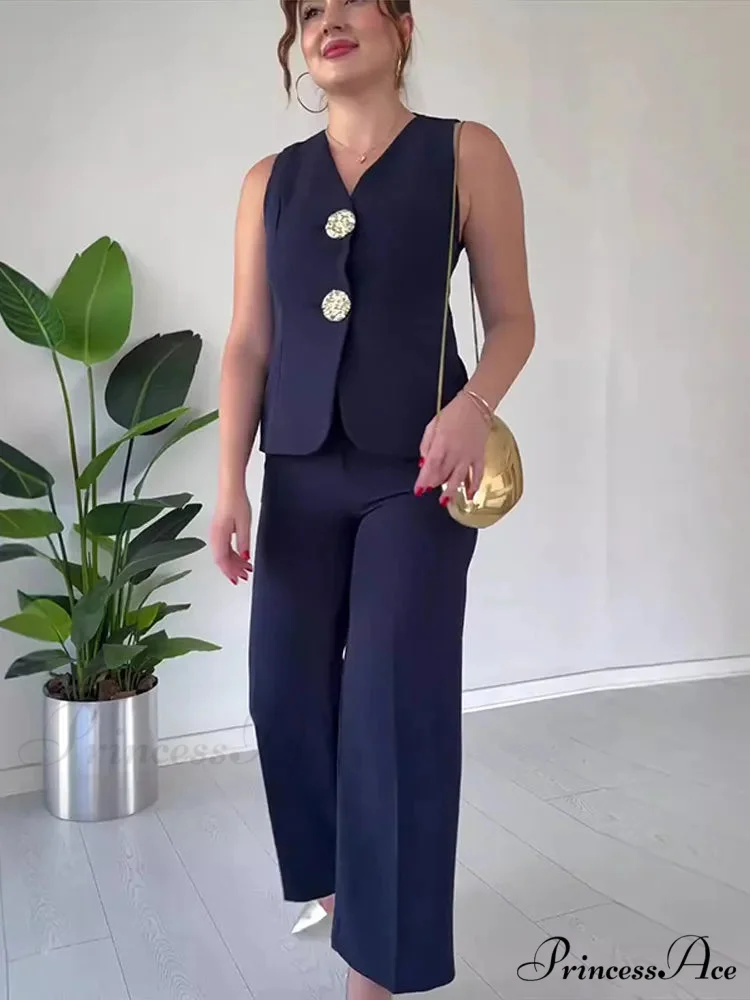 Warm Sleeveless Wide Leg Trousers Workplace Two Piece Set - Image 4