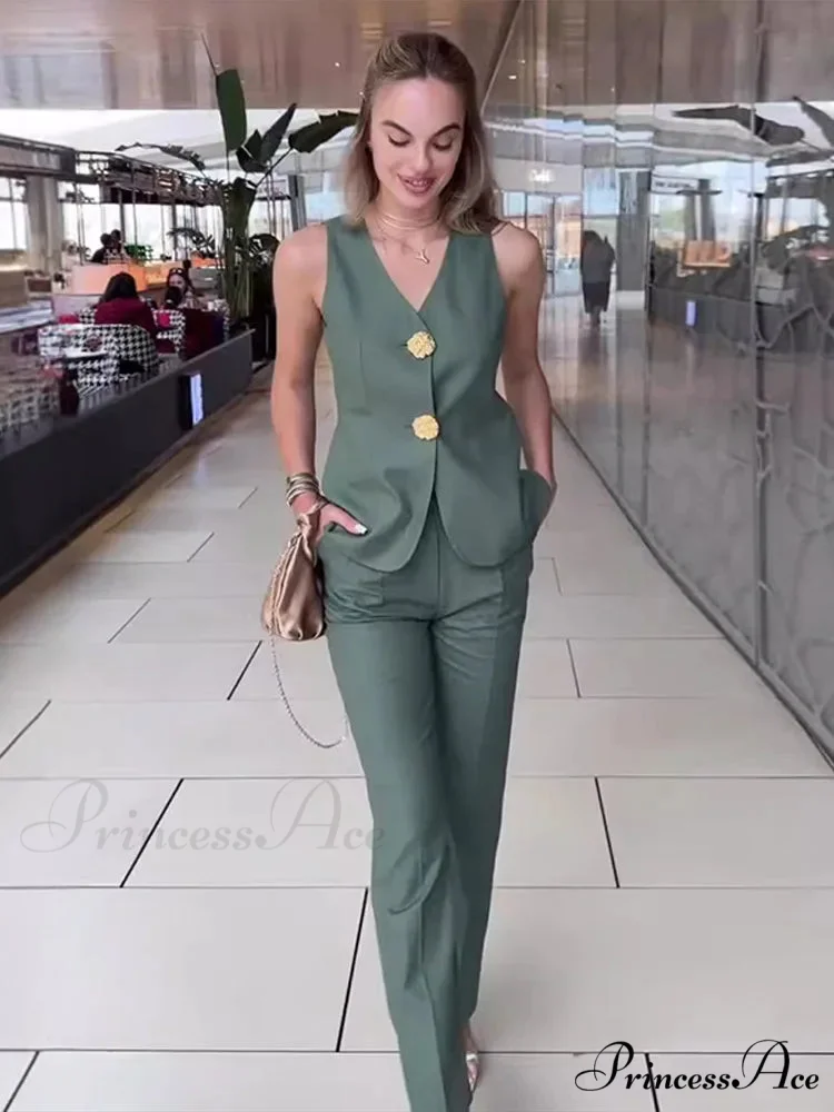 Warm Sleeveless Wide Leg Trousers Workplace Two Piece Set - Image 5