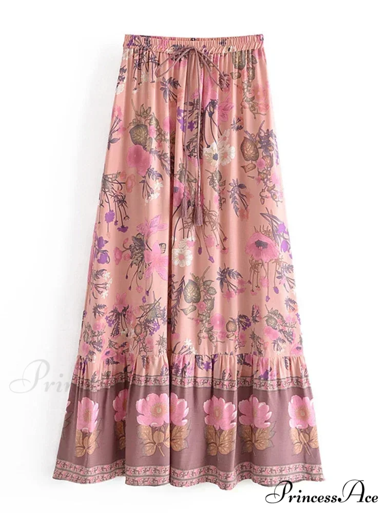 Warm Yellow Floral Pattern Fringe Seaside Free-Spirited Rayon Boho Skirt - Image 2