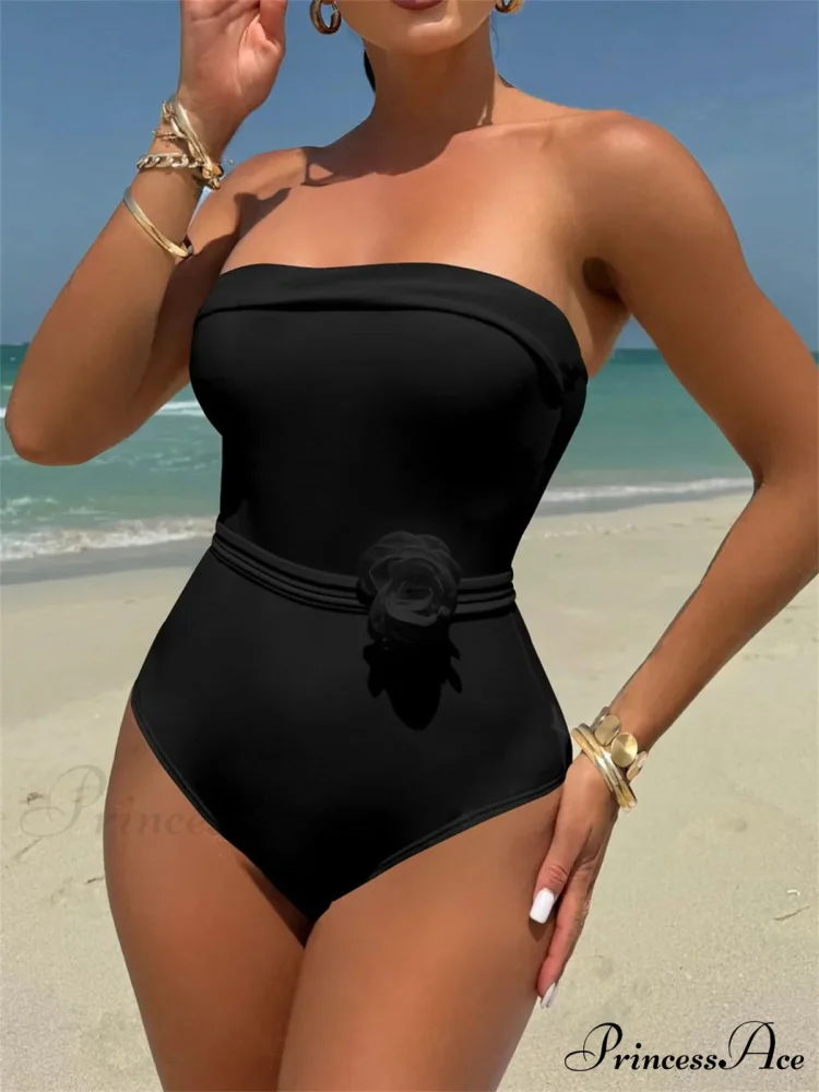 White Black 3D Blossom Single Unit Swimsuit - Image 2