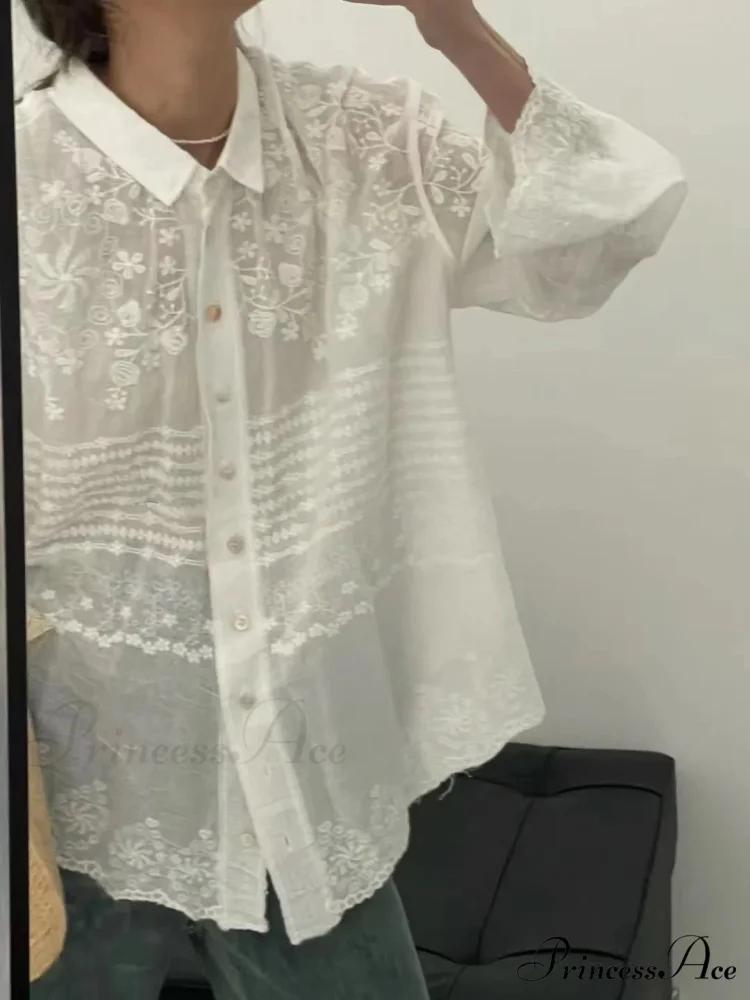 White Cotton Embroidered Lace Extended Sleeve Bohemian Seaside Blouse - Image 3