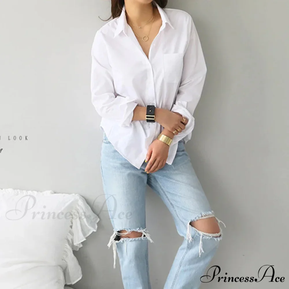 White Cotton Extended Sleeve Informal Women's Top - Image 3