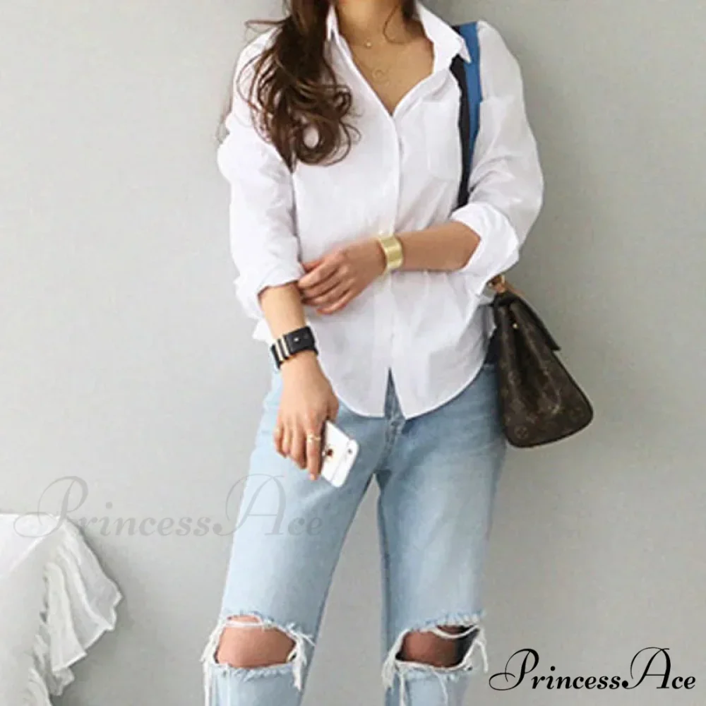 White Cotton Extended Sleeve Informal Women's Top - Image 4