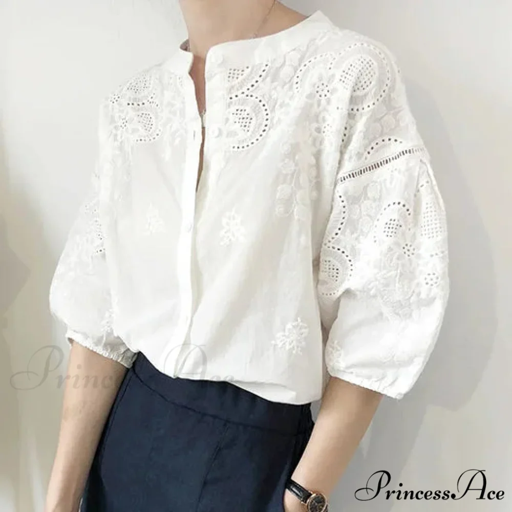 White Cotton Floral Embroidery Vintage Boho Summer Blouse
Modified Title: Ivory Cotton Flower Stitching Retro Bohemian Seasonal Top