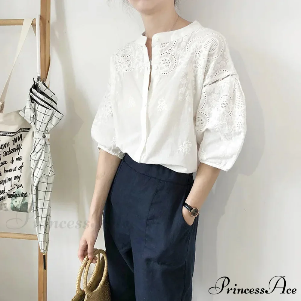 White Cotton Floral Embroidery Vintage Boho Summer Blouse
Modified Title: Ivory Cotton Flower Stitching Retro Bohemian Seasonal Top - Image 2