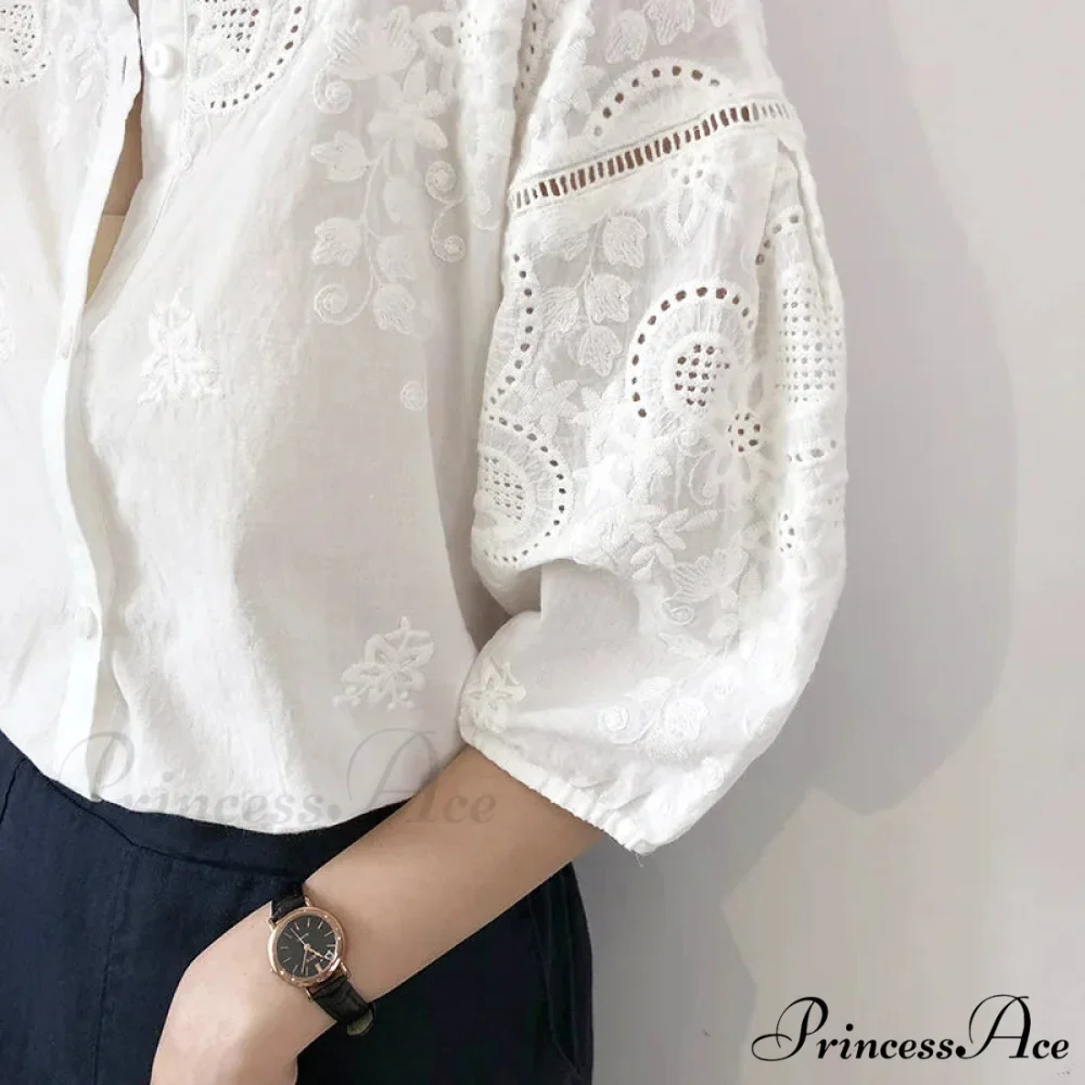 White Cotton Floral Embroidery Vintage Boho Summer Blouse
Modified Title: Ivory Cotton Flower Stitching Retro Bohemian Seasonal Top - Image 3