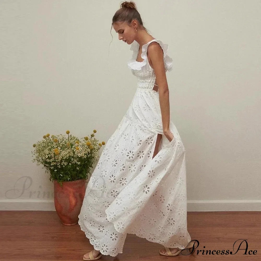 White Cotton Floral Lace Long Dress - Image 2