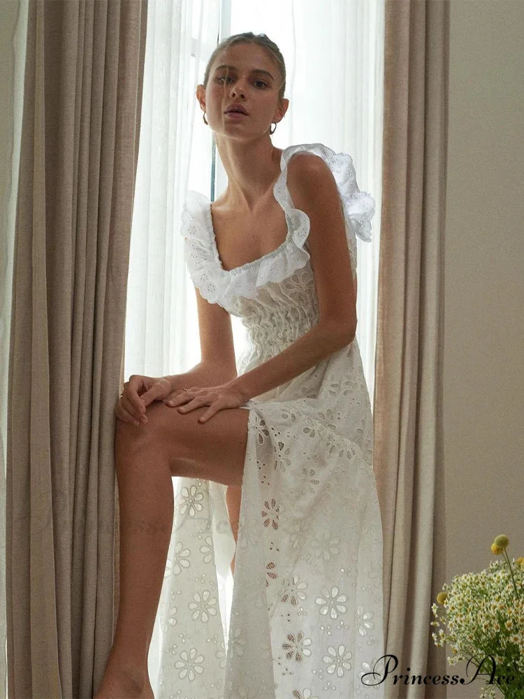 White Cotton Floral Lace Long Dress - Image 3