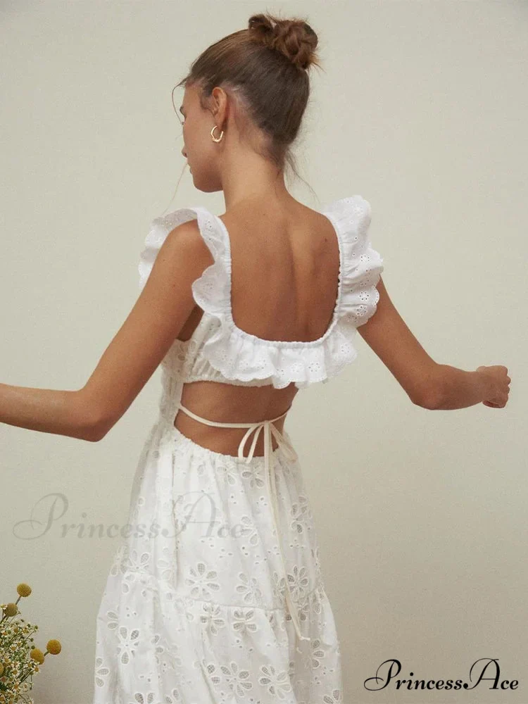White Cotton Floral Lace Long Dress - Image 4