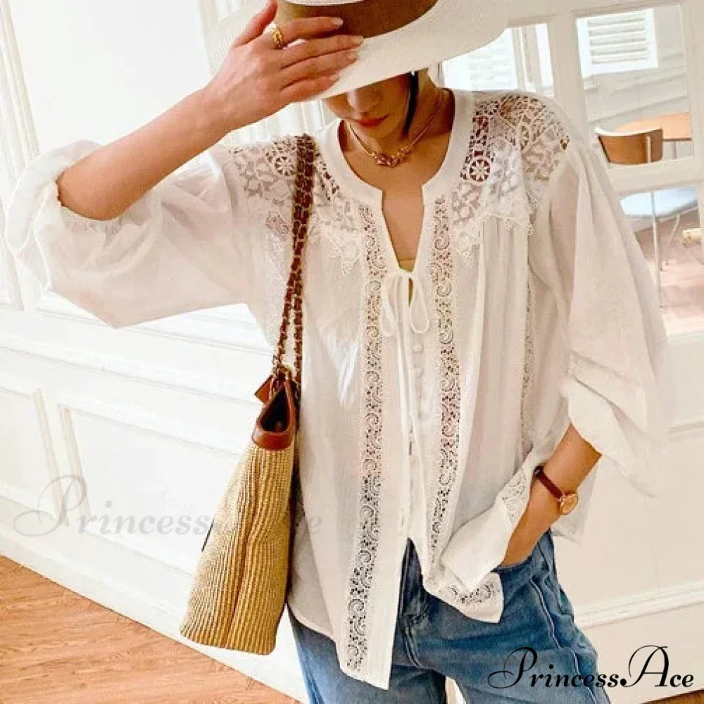 White Cotton Lace Lantern Sleeve Generous Boho Top