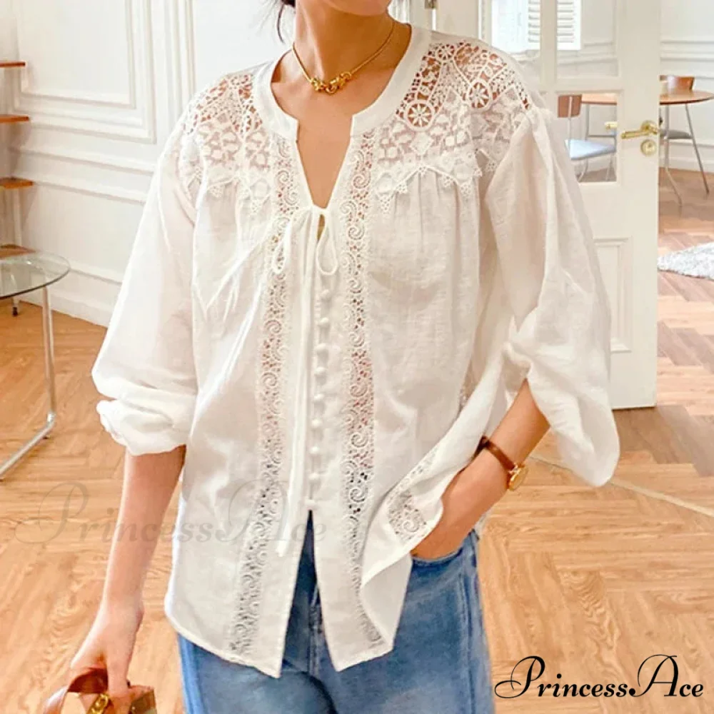 White Cotton Lace Lantern Sleeve Generous Boho Top - Image 2