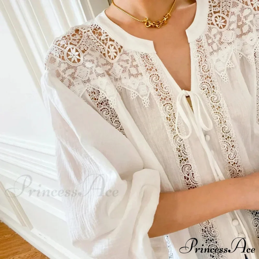 White Cotton Lace Lantern Sleeve Generous Boho Top - Image 4
