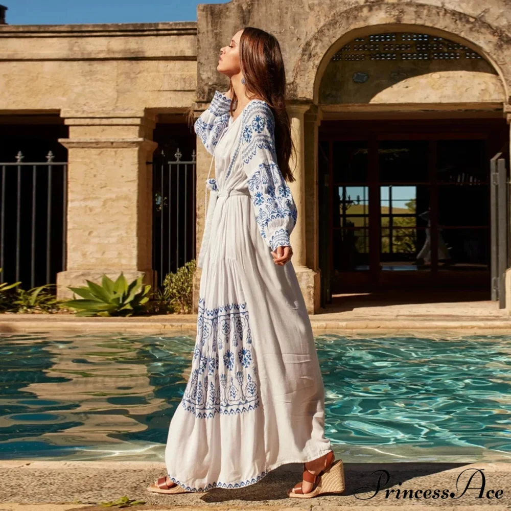 White Decorated Cotton Full-Length Dress - Image 2