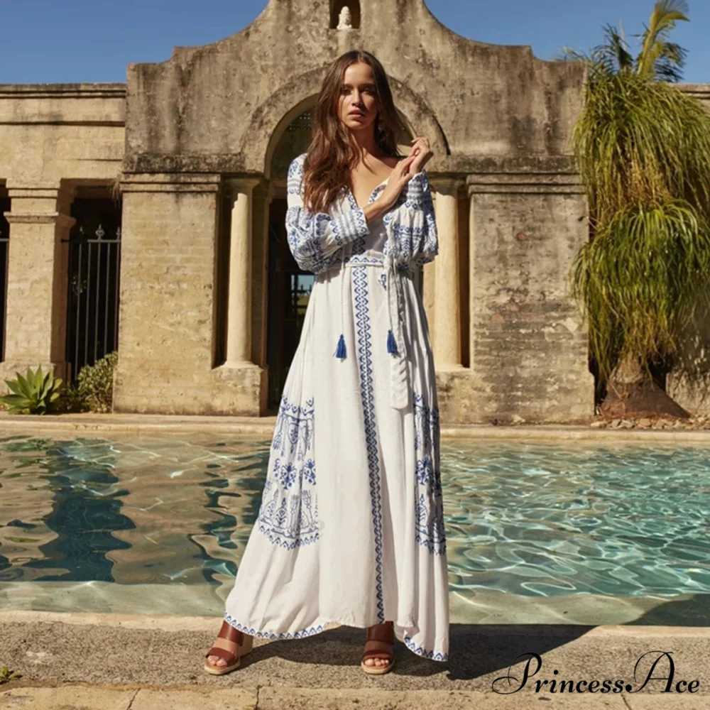 White Decorated Cotton Full-Length Dress - Image 3