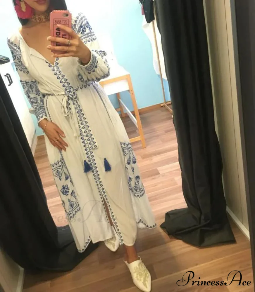 White Decorated Cotton Full-Length Dress - Image 4