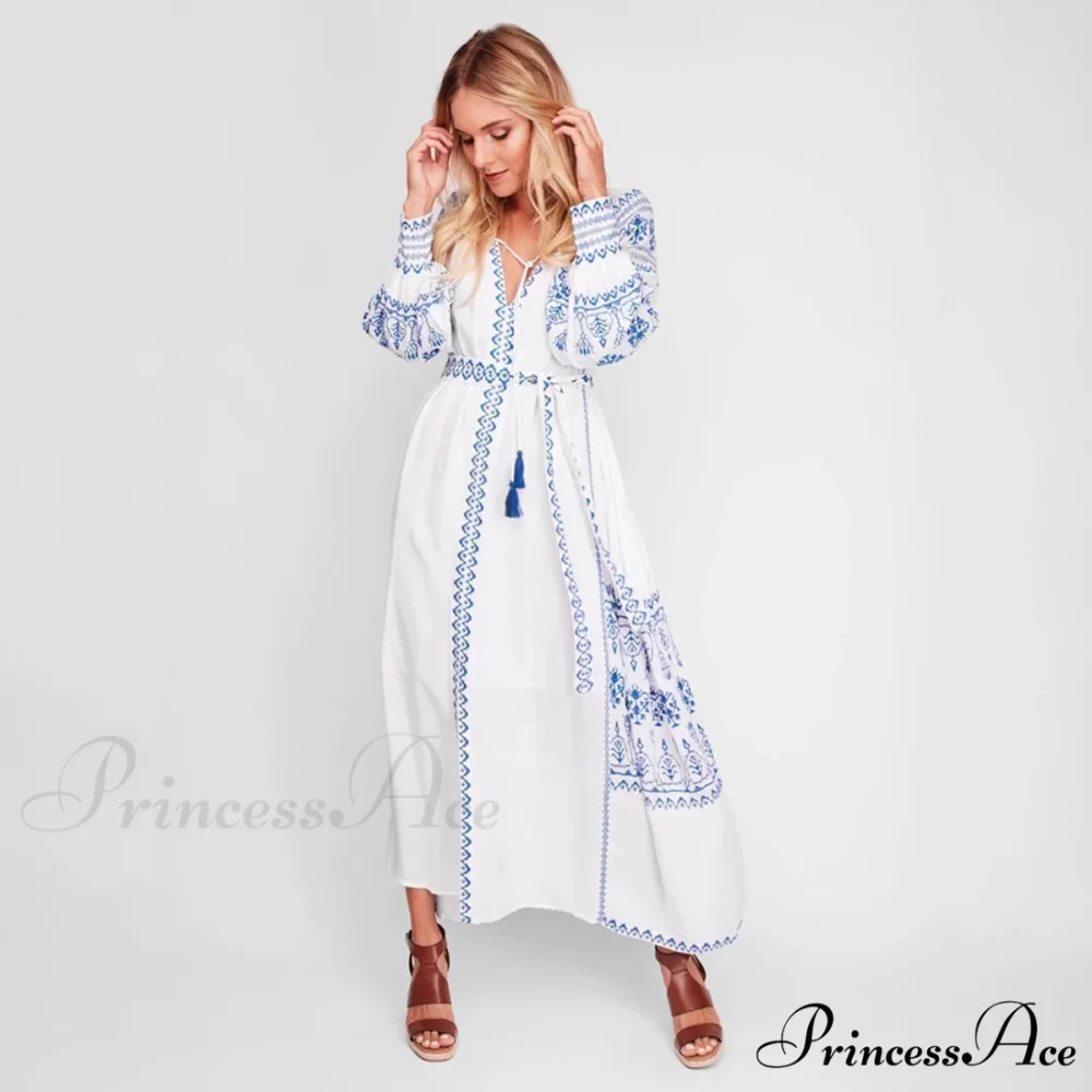 White Decorated Cotton Full-Length Dress - Image 5