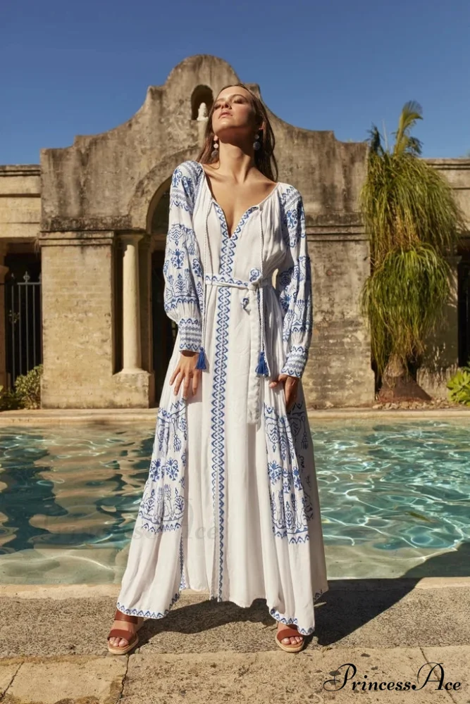 White Decorated Cotton Full-Length Dress - Image 6