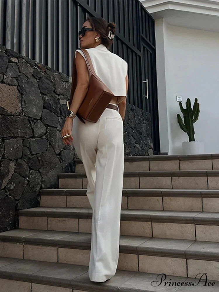 White Deep-neck Sleeveless Wide Leg Workplace Two Piece Set - Image 2
