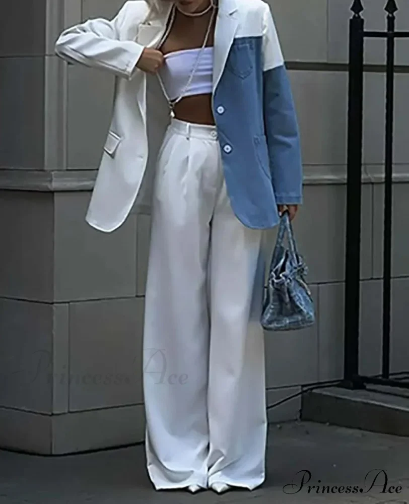 White Denim Patchwork Pants Workplace Two Piece Ensemble