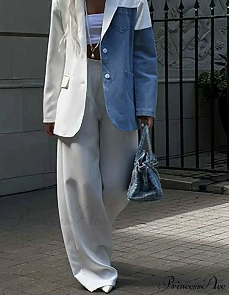 White Denim Patchwork Pants Workplace Two Piece Ensemble - Image 2