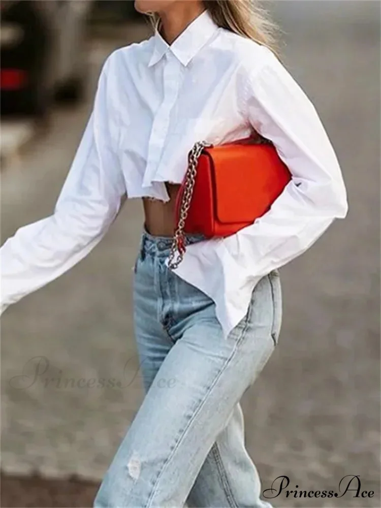 White Extended Sleeve Fold Over Collar Cropped Blouse - Image 2