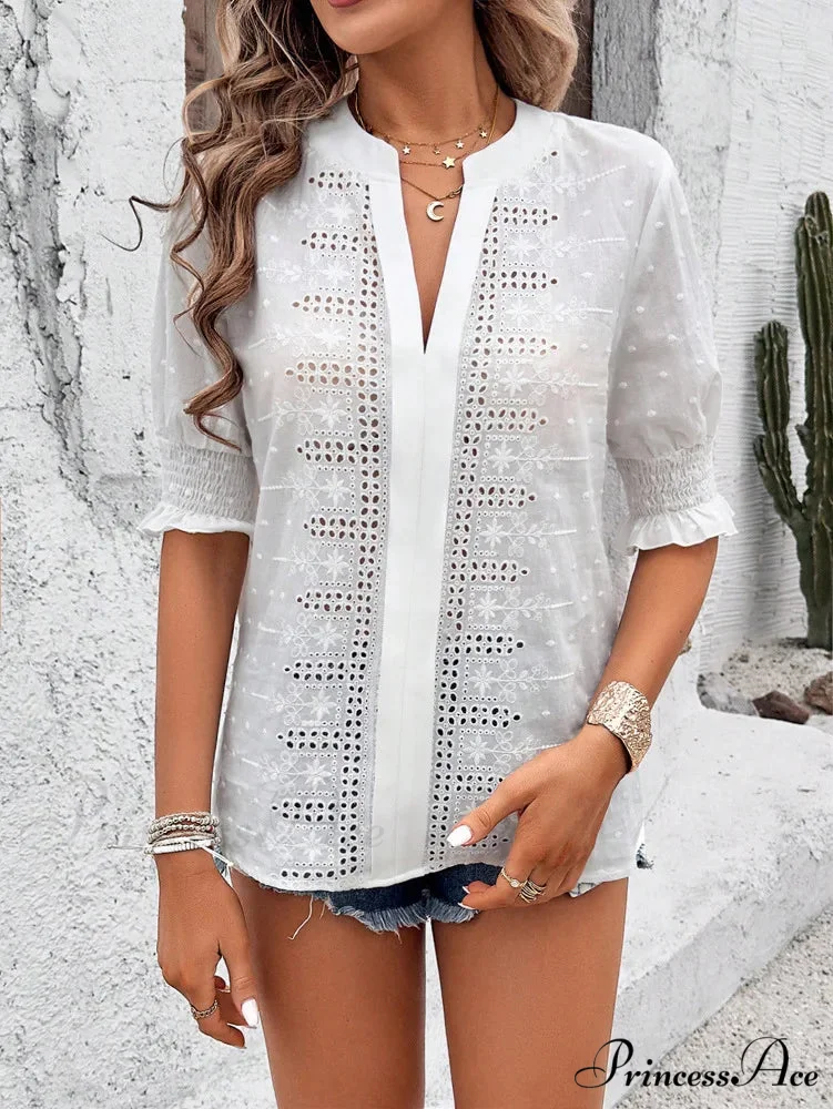 White Floral Embroidery Hollow Out Cotton Boho Blouse

Modified Title: Ivory Blossom Stitching Cutout Cotton Bohemian Top - Image 3