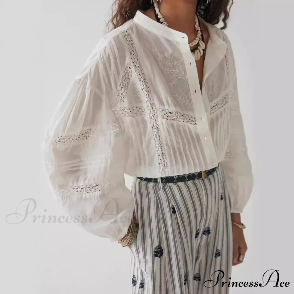 White Floral Embroidery Lace Extended Sleeve Boho Top - Image 2