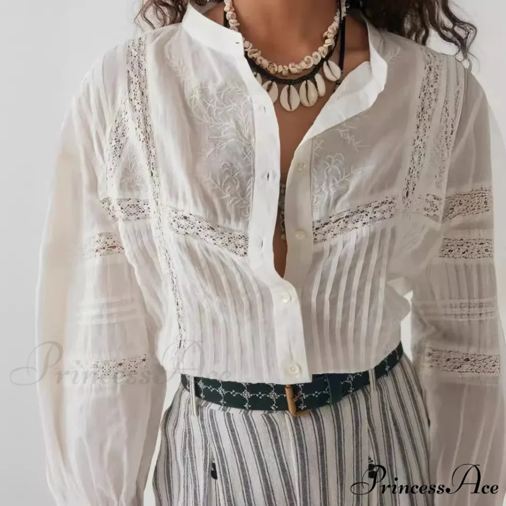 White Floral Embroidery Lace Extended Sleeve Boho Top - Image 3