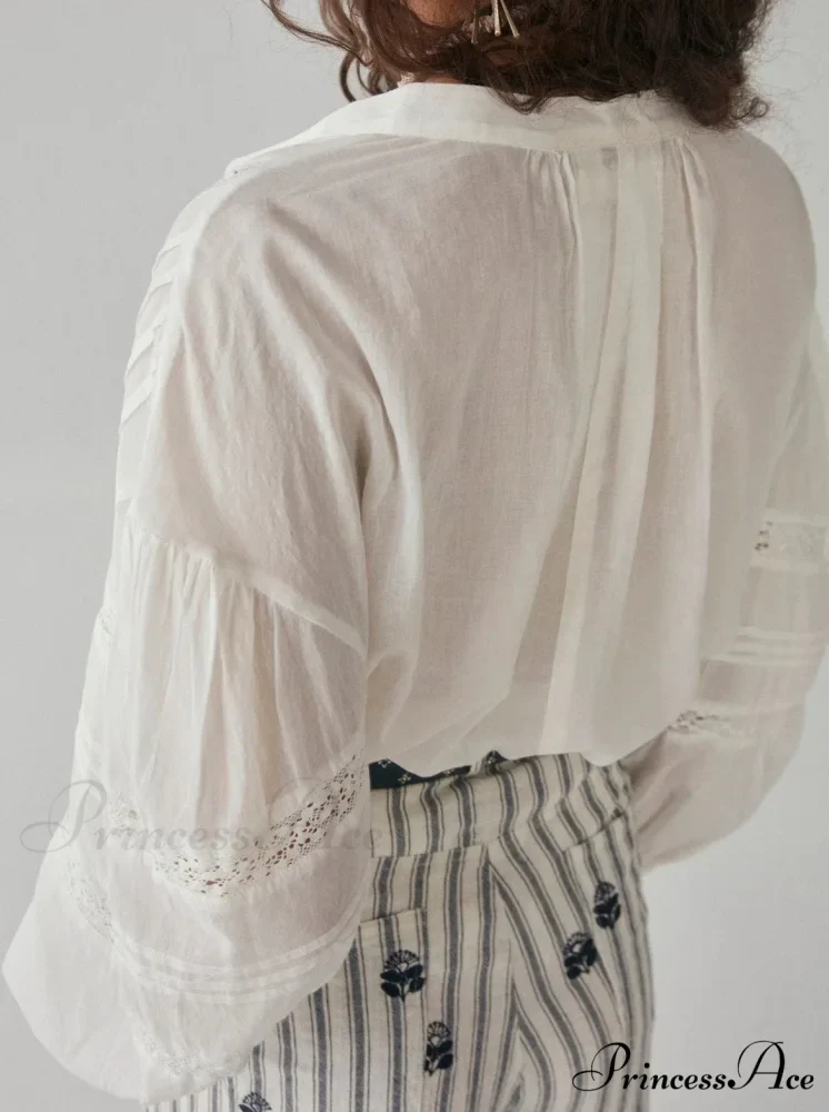 White Floral Embroidery Lace Extended Sleeve Boho Top - Image 4