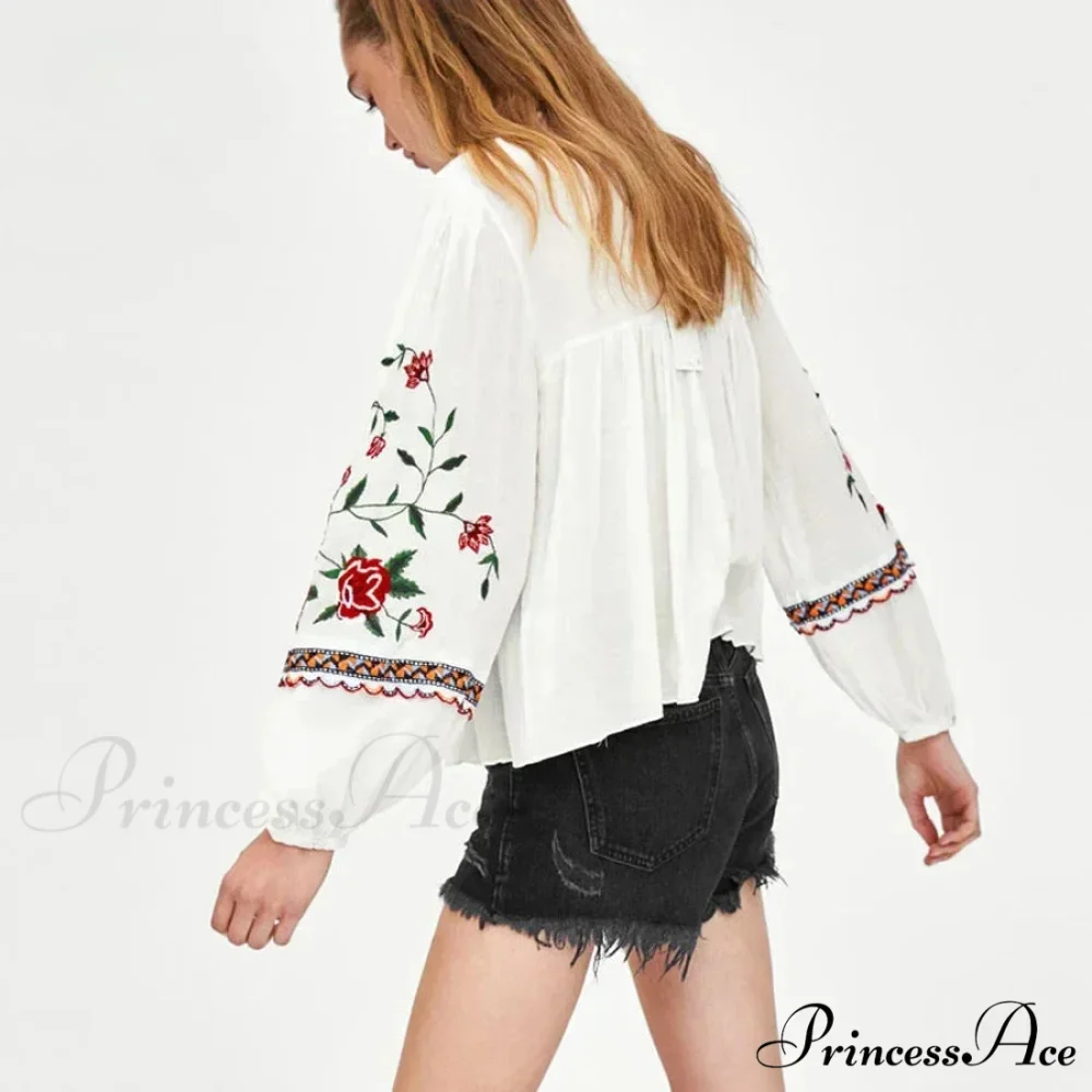 White Floral Stitching Puff Sleeve Baggy Boho Top - Image 2