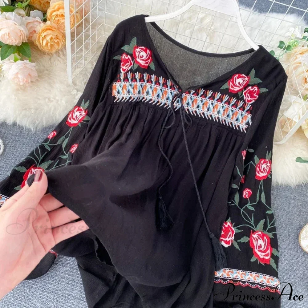 White Floral Stitching Puff Sleeve Baggy Boho Top - Image 3