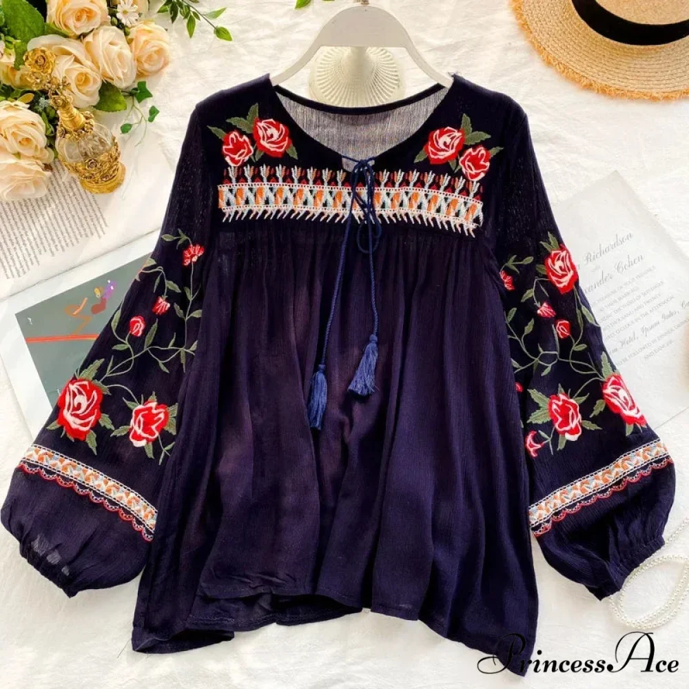 White Floral Stitching Puff Sleeve Baggy Boho Top - Image 4