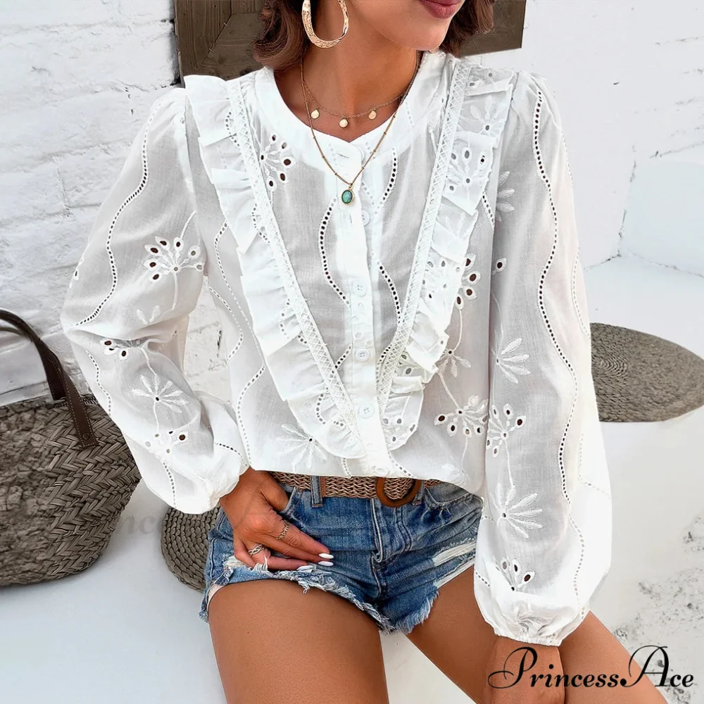 White Floral Stitching Retro Extended Sleeve Boho Top - Image 3