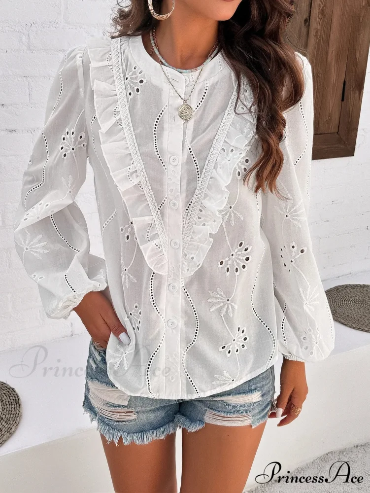 White Floral Stitching Retro Extended Sleeve Boho Top - Image 5