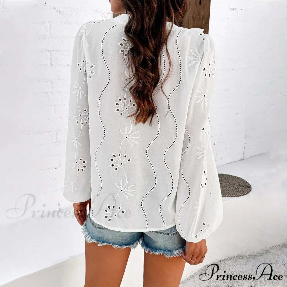 White Floral Stitching Retro Extended Sleeve Boho Top - Image 6